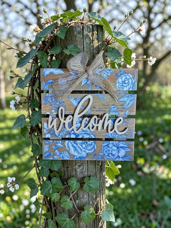 Other - Wooden "Welcome" Sign with Blue Floral Design